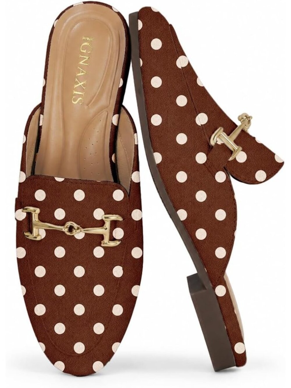 Women's  Brown Dot Leather Flats Round Toe Mules Buckle Slip on Backless Loafer